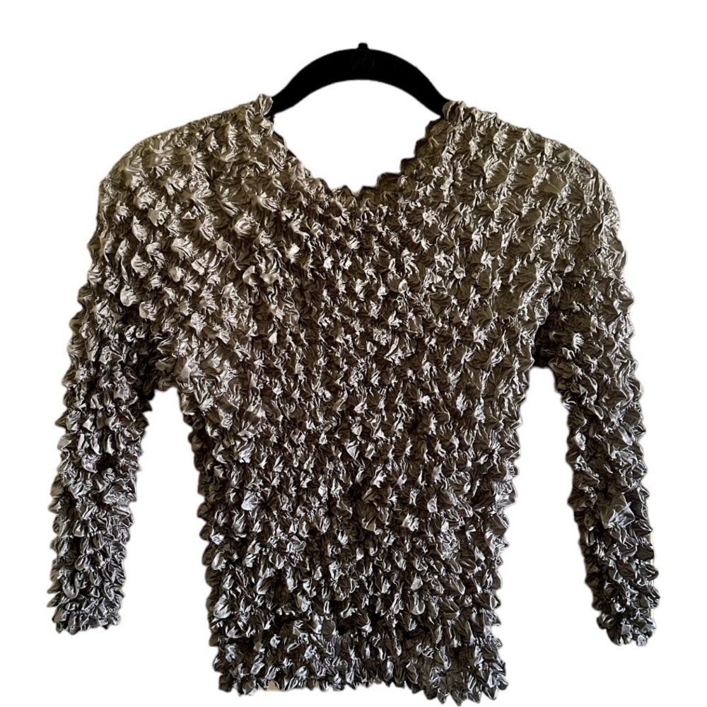 VINTAGE, WOMENS, SUPER STRETCHY, POPCORN PULLOVER TOP. GREY, LONG SLEEVE. OS